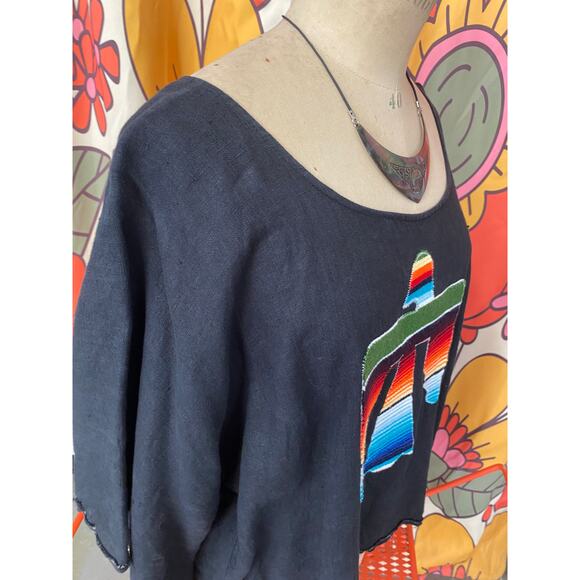 black linen southwestern blouse with serape eagle bell sleeve top raw hem med - Picture 6 of 8